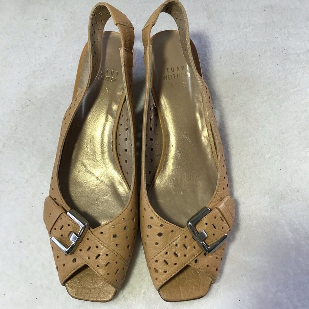 Stuart Weitzman tan leather cutouts peep toe wedges buckle detail 7 Spain